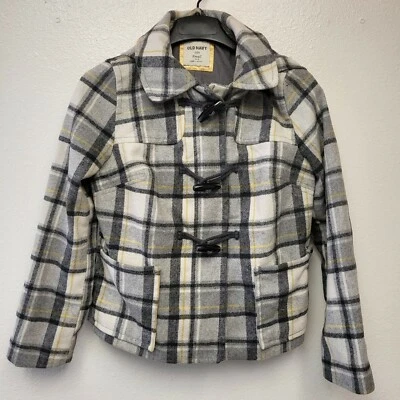 Casaco feminino Old Navy mistura de lã pequeno S cinza amarelo xadrez flanela capuz bolsos - Imagem 1 de 4