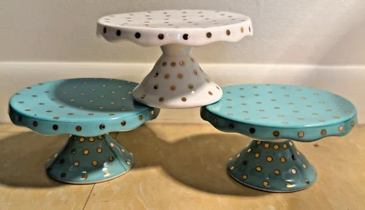 3 soportes para cupcakes mini pedestales Grace's Teaware lunares porcelana blanco/verde azulado Foto 1 de 4