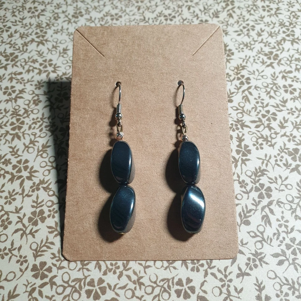 Hematite Drop Earrings Silver Hooks Fashion Women Healing Stone Natural Earth - Image 1 of 3