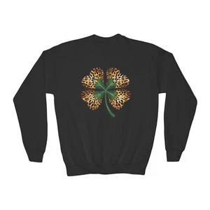 St. Patrick's Day cheetah print Irish four leaf cloverYouth Crewneck Sweatshirt - Picture 1 of 9