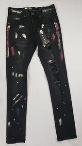 ¡NUEVO! Pantalones de mezclilla para hombre Waimea ajustados negros con salpicaduras de pintura rasgados talla W26x29L - Imagen 1 de 6
