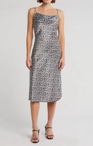 abito donna bebe nero/bianco floreale raso midi slip collo cappuccio taglia XL NUOVO CON ETICHETTE $109 - Foto 1 di 10