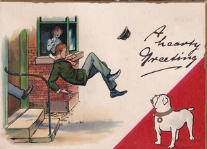 bulldog, man kicked down steps, artist Thackeray Tuck Christmas greeting card - Picture 1 of 3