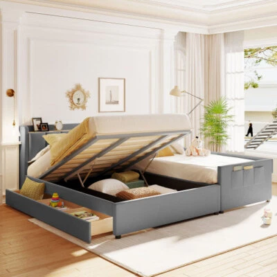 Queen Size Upholstered Platform Bed Frame w/ Storage Drawers Twin XL Size Daybed - Image 1 of 4