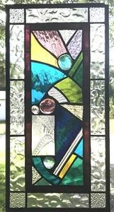 MODERN STYLE 18-1/2" x 9-1/2 real stained glass window panel hangs four ways - Picture 1 of 4