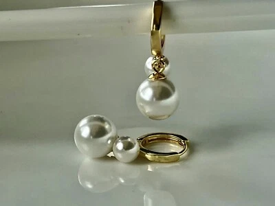 Pendientes tipo argolla colgantes/de gota blancos de 2 perlas de 6-10 mm enchapados en oro de 14 k concha de mar Foto 1 de 4