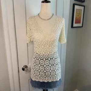 Blusa Top Vintage Boho Gitana Delicada Hecha a Mano Crochet Encaje Crema Wms Talla S - Imagen 1 de 8