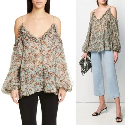 Blusa Top Stella McCartney S/S 2019 Prado Floral Seda Hombro Frío Talla 38 EE. UU. 4 Foto 1 de 4
