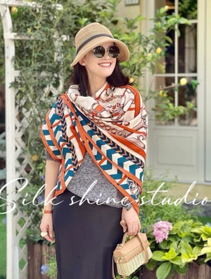 Elegante estilo vintage - Estampado de tachuelas de caballo ​Envoltura de bufanda 70% lana 30% seda naranja 53" Foto 1 de 4