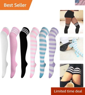 6 Pairs Women's High Thigh Socks - Striped Over Knee Tights, Comfy & Trendy - Image 1 of 4
