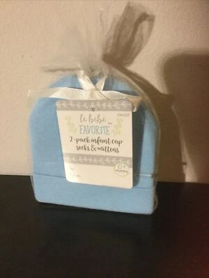 Boys Le BeBe 2-pak Infant Cap, Socks & Mittens 0+ Months Newborn NEW - Image 1 of 4