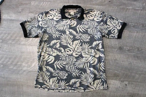 Men's Paradise Blue Tropical Hawaiian Polo Shirt Charcoal Gray Tan Sz S - Picture 1 of 5
