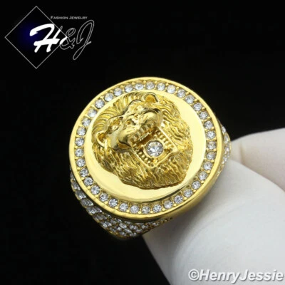 MEN Stainless Steel BLING Cubic Zirconia Gold Plated Lion Face Round Ring*GR147 - Image 1 of 4