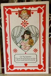 TO MY VALENTINE BABY CUPID GIRL HOLDING HER DOLL HEARTS FLOWERS VINTAGE POSTCARD - Picture 1 of 6
