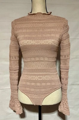 OLIVACEOUS sz S blush nude stretch bell sleeve bodysuit tie collar - Image 1 of 4