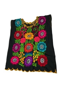 Traditional Mexican Cholita Blouse Women Sz M/L Black Embroidery Top 42” Chest - Picture 1 of 10