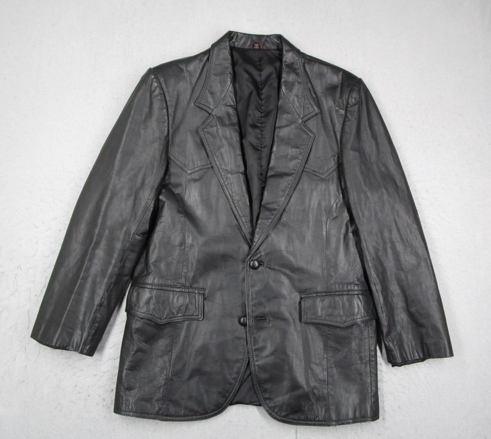 Pioneer Wear Leather Blazer Sport Coat Mens 40 Black Western Two Button Vintage - Image 1 of 4