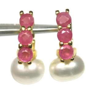 6 mm. White Pearl & Pink Ruby Earrings 925 Sterling Silver 18K Gold Plated - Picture 1 of 4