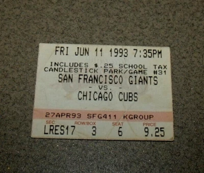 SF Giants 6/11/1993 Ticket Stub vs Chicago Barry Bonds HR #192 Will Clark 2h - Image 1 of 3