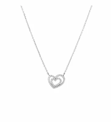 Collana Donna Argento 925 Doppio Cuore Oro Bianco Pietre Cristallo Punto Luce - Immagine 1 di 3