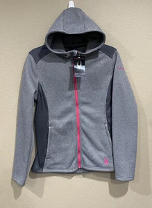 Spyder Jacket Womens Medium Hooded Full Zip Fleece Gray Pink Trim Pockets M - Picture 1 of 12