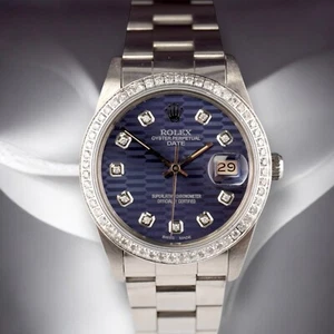 Rolex Date 34mm Ladies 1ct Blue Motif Diamond Dial Steel Oyster Watch 15000 - Picture 1 of 11