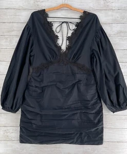 H&M Dress Women's Large Black Lace Trim Deep V-Neck 100% Cotton Cottagcore Goth - Picture 1 of 19