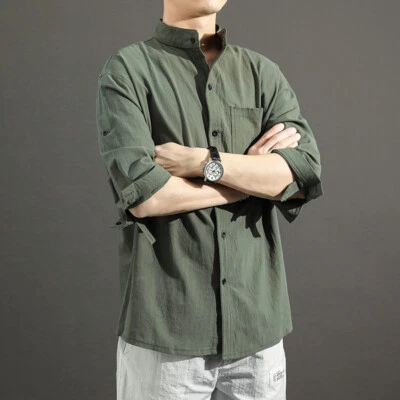 Men Cotton Linen 3/4 Sleeve Shirt Top Blouse Japanese Causal Loose Stand Collar - Image 1 of 4
