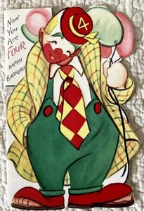 Vintage Birthday Clown Cute Creepy Smile Balloons Greeting Card 1950s 1960s - Picture 1 of 3