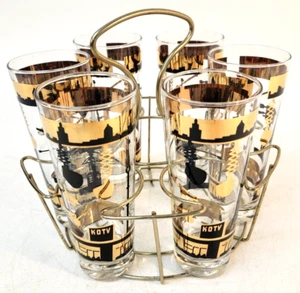 MCM Atomic Highball Glasses Gold Caddy Set KDTV Studio Limited Ed. JFK Cameraman - Picture 1 of 16