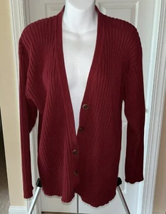 Lands' End Cranberry Thick Cotton Rib Knit Cardigan Sweater Medium 10-12 - Picture 1 of 5