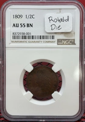 1809 1/2C Classic Head Half Cent NGC AU55 BN Rotated Die Perfect Chocolate Color - Image 1 of 2