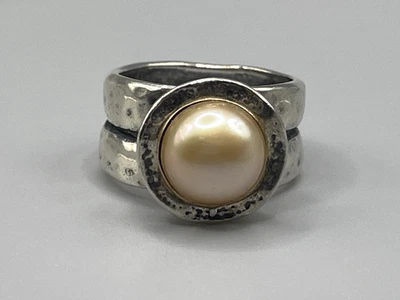 DIDAE ISRAEL Hammered Sterling Silver champagne PEARL Wide Band Ring Size 7.25 - Image 1 of 4