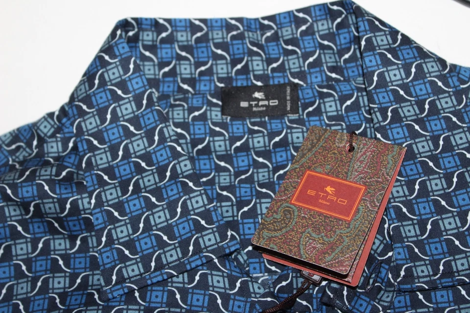 $448 Etro Milano Mens 44 17.5 Button Up Shirt Blue Geometric Italy Made (US XL) - Image 1 of 4