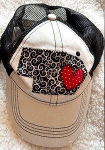 LOVE NEBRASKA PATCHWORK TRUCKERS CAP IVORY/BLACK ADJUSTABLE MESHBACK WOMEN'S HAT - Picture 1 of 11