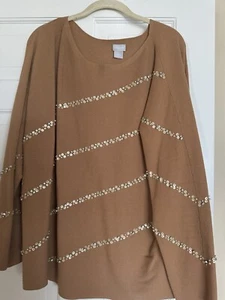 CHICO'S Sweater Sz 4 XXL Camel Diagon Beaded Embellished Pullover Knit Top As Is - Picture 1 of 21