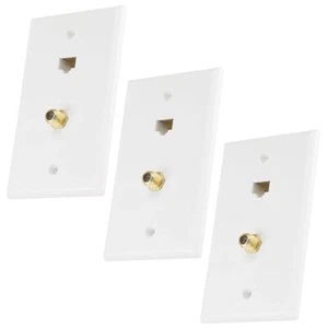 3x Cat5E RJ45 Ethernet + F Type Coax Cable Coupler Wall Plate Gold Plated White - Picture 1 of 2
