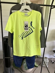 NWT PUMA KIDS SIZE 6 /3 PIECE Tee & Track Pant Set Navy Blue & Gray & Lime - Picture 1 of 8