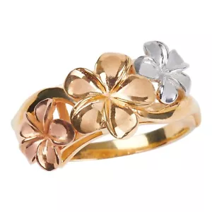 Hawaiian Heirloom Jewelry White, Pink, and Yellow 14k Gold Plumeria Flower Ring - Picture 1 of 3