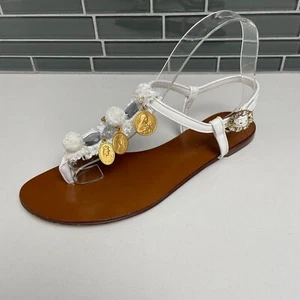 DOLCE & GABBANA weiße Leder & Goldmünze verziert T-Riemen Sandalen - IT 38,5 - Bild 1 von 12