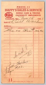Crossfield Alberta ESSO Receipt Happy's Sales & Service Dodge Cockshutt 1955 - Picture 1 of 2