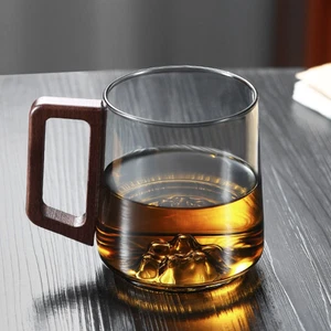 Wooden Handle Glass Cup Internal Mountain Protrusion Tea Cup Milk Tea - Picture 1 of 12