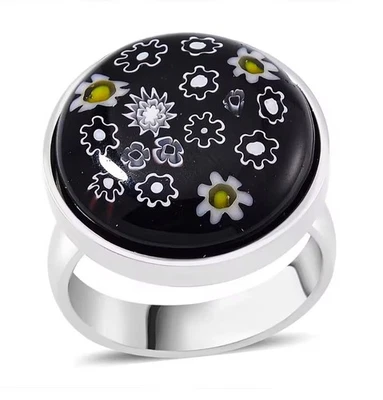 Black Floral Glass Murano Style Sz6 Ring Lux Stainless Steel 316L Milifiore - Image 1 of 4