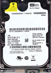 WD5000BMVW-11AMCS0 EHOTJHN s/n: WXK1E3 MAY/ 2012 500GB USB 3.0 WESTERN DIGITAL - Picture 1 of 5