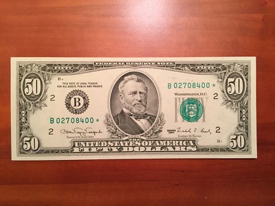 1990 Rare $50 New York ✫Star✫ Fed Res Note Fr 2124-B* Gem Unc - B02708400✫ - Image 1 of 3
