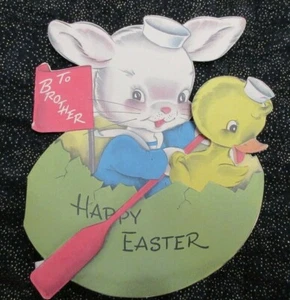 Biglietto pasqua NORCROSS VINTAGE mai usato per FRATELLO CONIGLIO E ANATRA ANTROPOMORFO - Foto 1 di 4