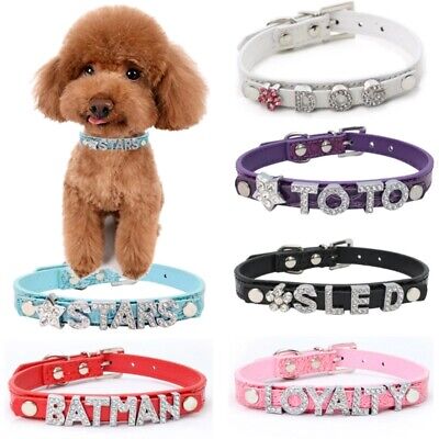 Adjustable Personalised Leather Dog Collar Pet Puppy Collars Bling Name Charms • 5.18£