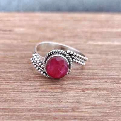 Lab-Created Ruby Gemstone Ring Statement Ring 925 Sterling Silver Boho Ring - Image 1 of 3