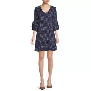 Nine.Eight Women V-Neck Flounce Sleeve Above Knee Shift Dress, Navy Dot, XXXL - Picture 1 of 3