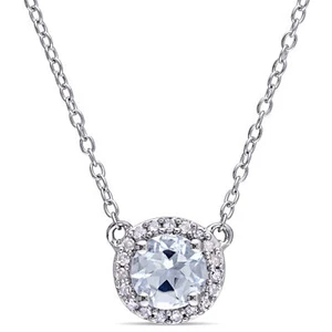 Amour Sterling Silver Aquamarine and 1/10CT TDW Diamond Halo Necklace - Picture 1 of 6